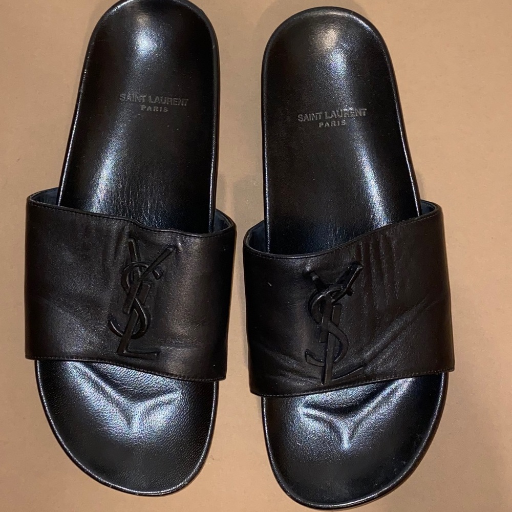 Saint Laurent YSL Joan BlackLeather Logo Slides